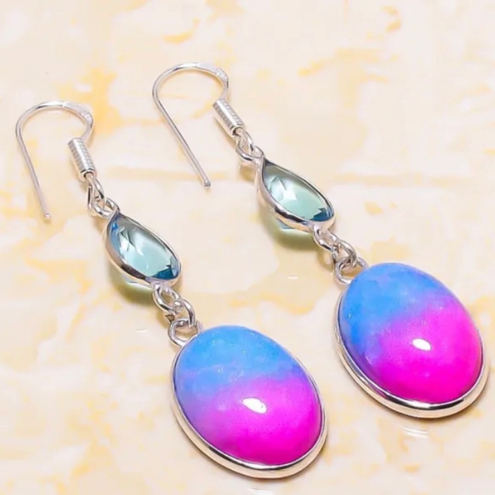 Rainbow Solar Quartz & Blue Topaz Gemstone Handmade Dangle Drop Earrings